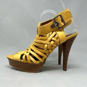 Star Ling Yellow Leather Strappy Open Toe Heels, Women’s Size 7.5